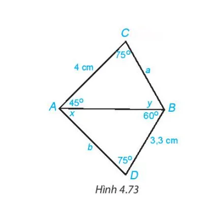 Cho Hình 4.73. Hãy tìm số đo x, y của các góc và độ dài a, b của các đoạn thẳng trên hình vẽ A Sua Bai 4 29 Trang 86 Toan Lop 7 Tap 1