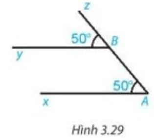 Cho Hình 3.29, biết góc xAz=50 độ, góc yBz=50 độ. Giải thích vì sao Ax // By Bai 3 13 Trang 50 Toan Lop 7 Tap 1