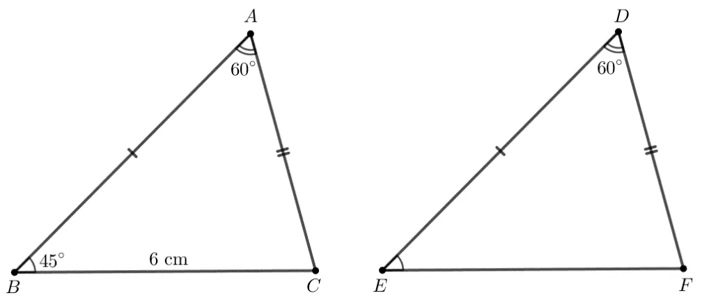 Cho hai tam giác ABC và DEF thỏa mãn AB = DE, AC = DF Bai 4 16 Trang 74 Toan Lop 7 Tap 1