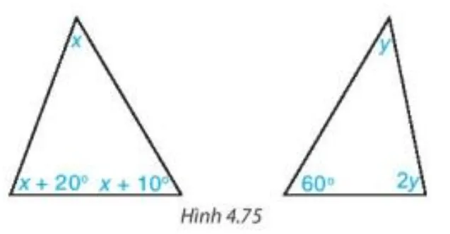 Tính các số đo x, y trong các tam giác dưới đây (H.4.75) Bai 4 33 Trang 87 Toan Lop 7 Tap 1 1