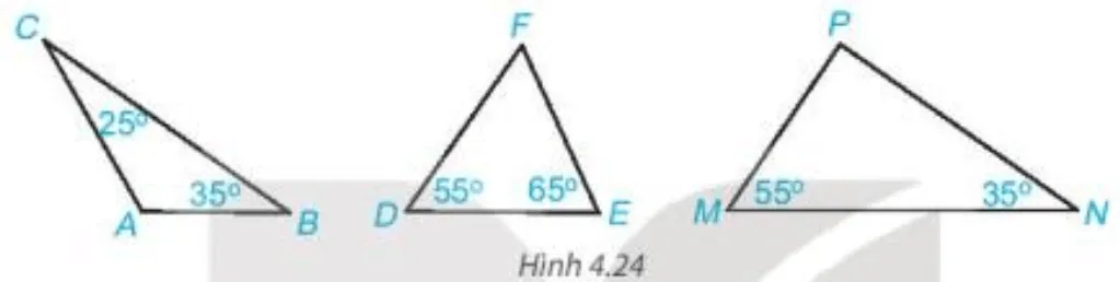Tính số đo góc còn lại trong mỗi tam giác dưới đây. Hãy chỉ ra tam giác nào Bai 4 8 Trang 69 Toan Lop 7 Tap 1