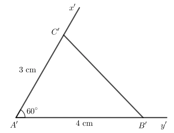 Vẽ thêm tam giác A'B'C' với góc B'A'C'=60 độ, A'B'=4cm và A'C'=3cm (H.4.28) Hd2 Trang 70 Toan 7 Tap 1 2