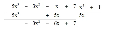 Bốn bước đầu tiên khi chia đa thức D = 5x^3 - 3x^2 - x + 7 cho đa thứ E = x^2 + 1 Hd3 Trang 42 Toan 7 Tap 2 1