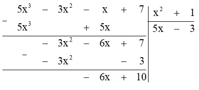 Bốn bước đầu tiên khi chia đa thức D = 5x^3 - 3x^2 - x + 7 cho đa thứ E = x^2 + 1 Hd3 Trang 42 Toan 7 Tap 2 2