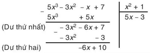 Bốn bước đầu tiên khi chia đa thức D = 5x^3 - 3x^2 - x + 7 cho đa thứ E = x^2 + 1 Hd3 Trang 42 Toan 7 Tap 2