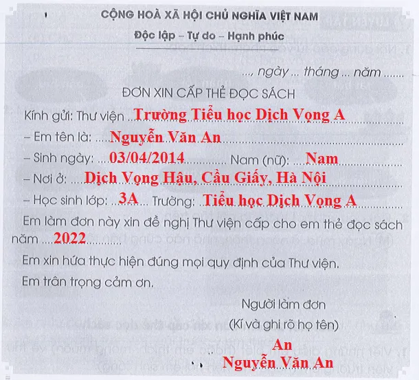 Làm đơn xin cấp thẻ đọc sách trang 47, 48 Vở bài tập Tiếng Việt lớp 3 Tập 1 | Cánh diều Bai Viet 2 Trang 47 48 Vbt Tieng Viet Lop 3 146559