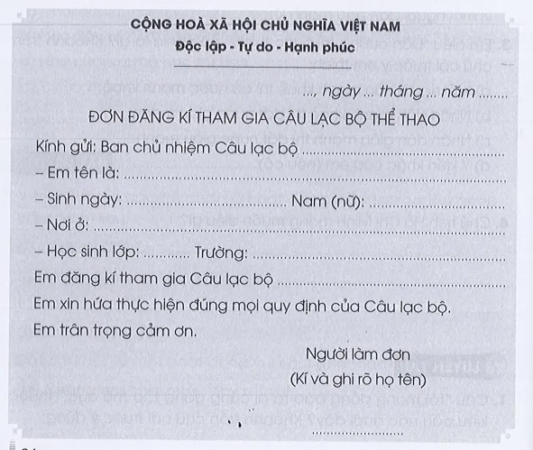 Làm đơn tham gia câu lạc bộ thể thao trang 64 Vở bài tập Tiếng Việt lớp 3 Tập 1 | Cánh diều Bai Viet 2 Trang 64 Vbt Tieng Viet Lop 3 146626