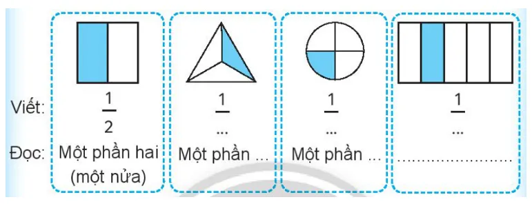 Vở bài tập Toán lớp 3 Tập 1 trang 48, 49 Một phần hai, một phần ba, một phần tư, một phần năm | Chân trời sáng tạo Mot Phan Hai Mot Phan Ba Mot Phan Tu Mot Phan Nam