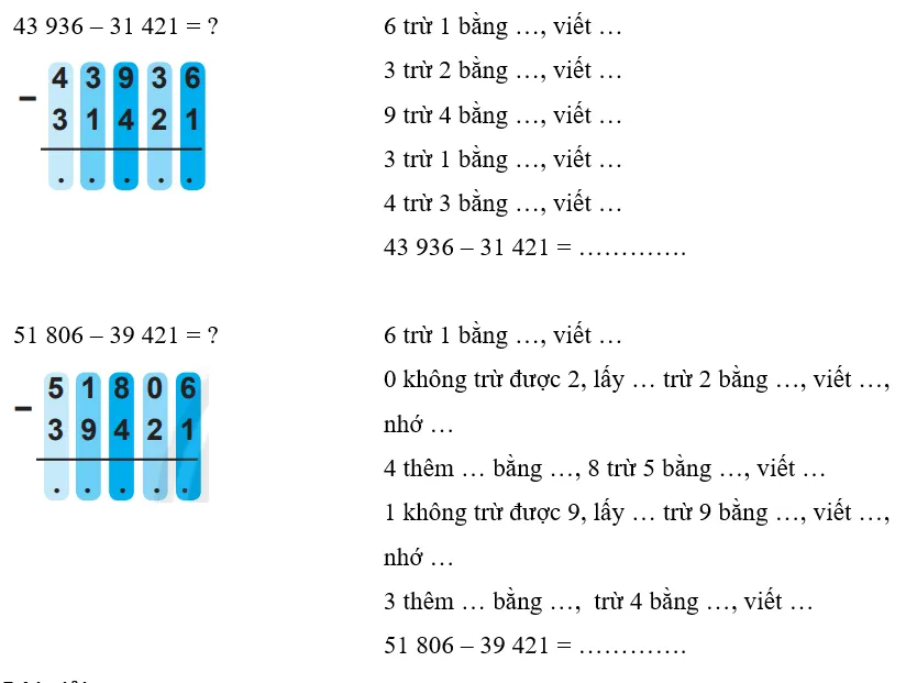 Vở bài tập Toán lớp 3 Tập 2 trang 61, 62 Phép trừ các số trong phạm vi 100000 | Chân trời sáng tạo Phep Tru Cac So Trong Pham Vi 100000